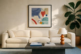 Love and Liberty V by Veronique Charron. Displayed in a glass frame with matte in a clean modern living room. Available as an archival giclee rolled canvas, fine art paper, or poster print. SKU 72887a.