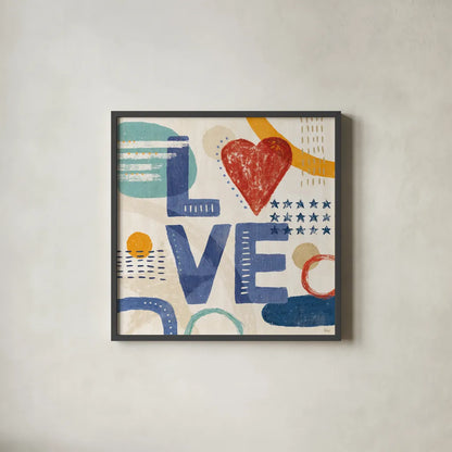 Love and Liberty VI by Veronique Charron. Shown in a sleek black glass frame for a contemporary gallery look. Available as an archival giclee rolled canvas, fine art paper, or poster print. SKU 72888a.