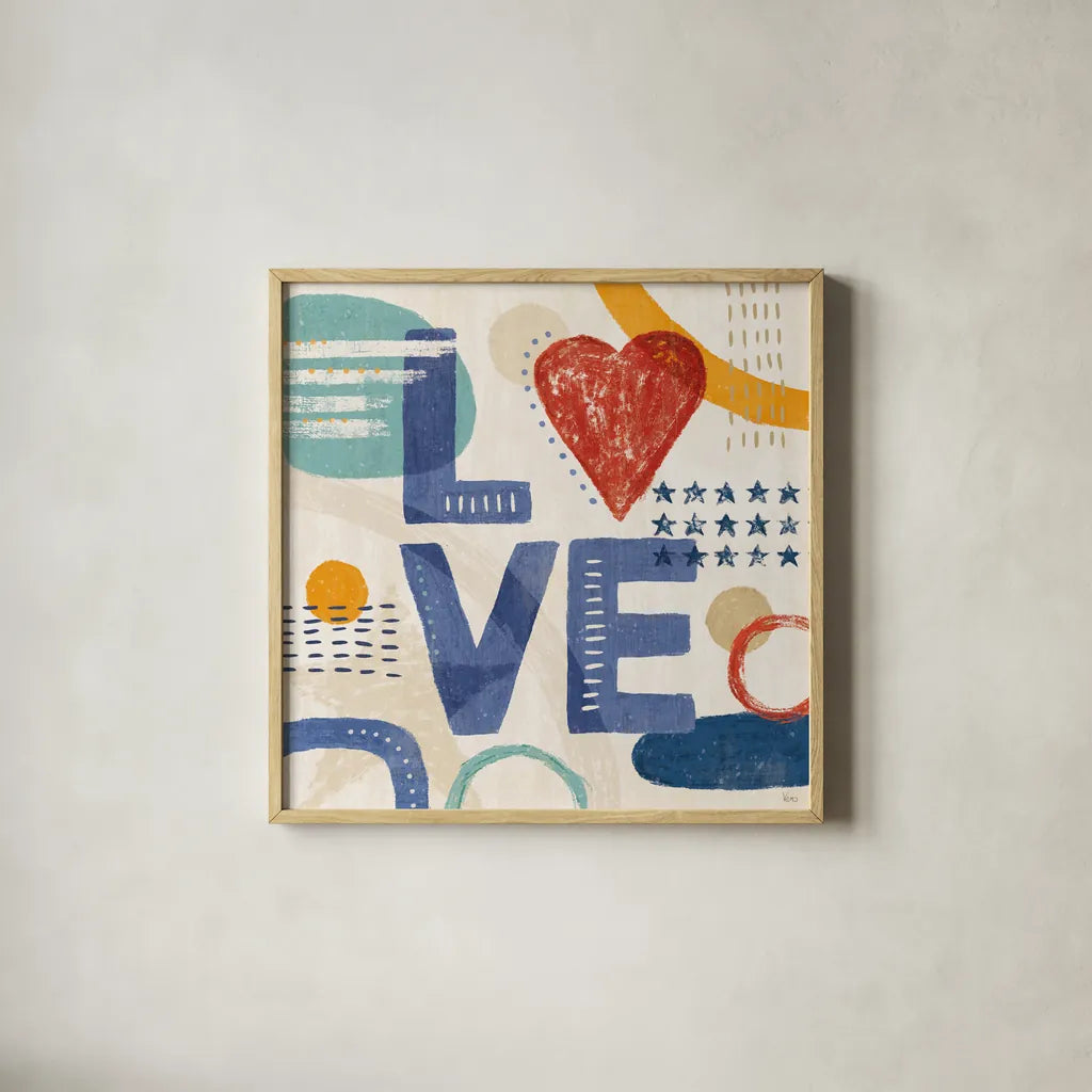 Love and Liberty VI by Veronique Charron. Shown in a natural wood glass frame for a timeless modern aesthetic. Available as an archival giclee rolled canvas, fine art paper, or poster print. SKU 72888a.