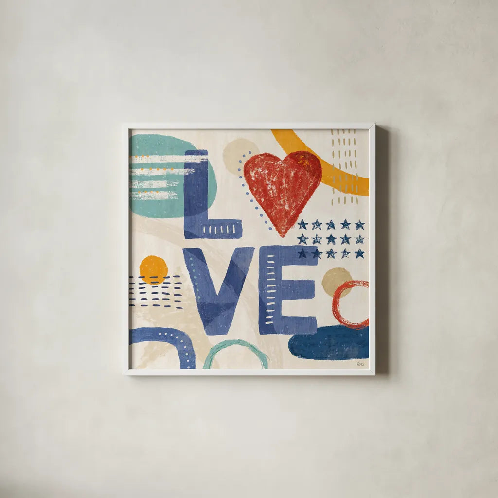 Love and Liberty VI by Veronique Charron. Shown in a crisp white glass frame for a clean and minimalist style. Available as an archival giclee rolled canvas, fine art paper, or poster print. SKU 72888a.