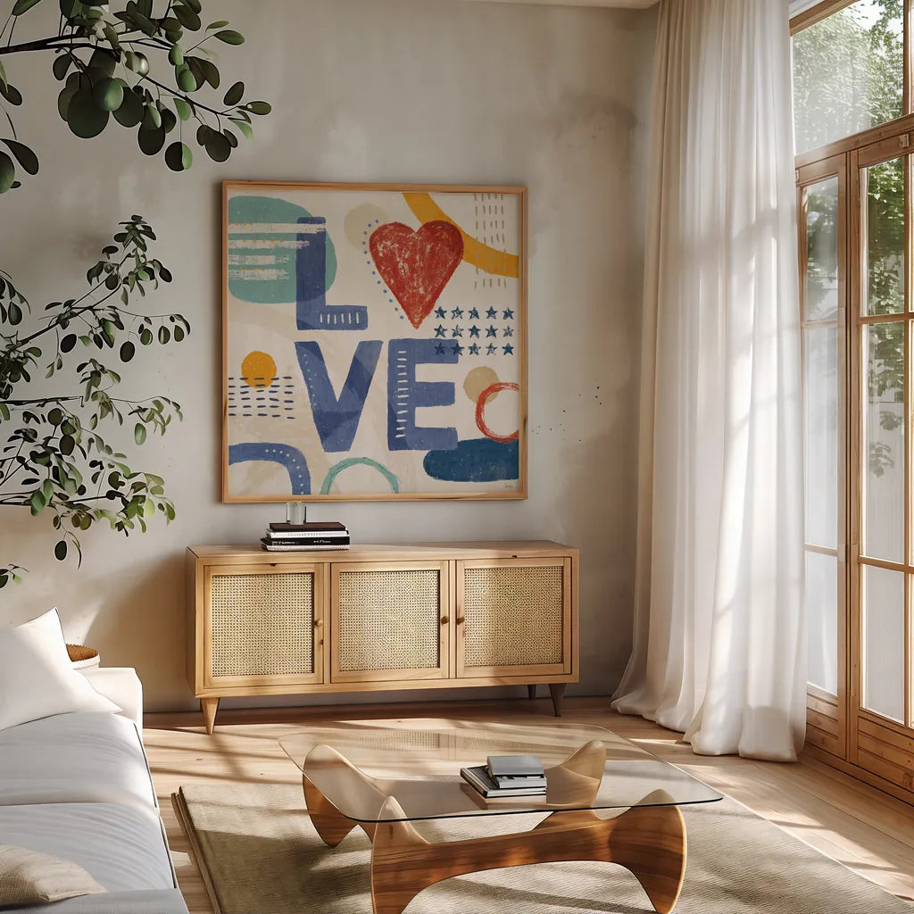 Love and Liberty VI by Veronique Charron. Shown in a natural wood frame in a cozy modern living room. Available as an archival giclee rolled canvas, fine art paper, or poster print. SKU 72888a.