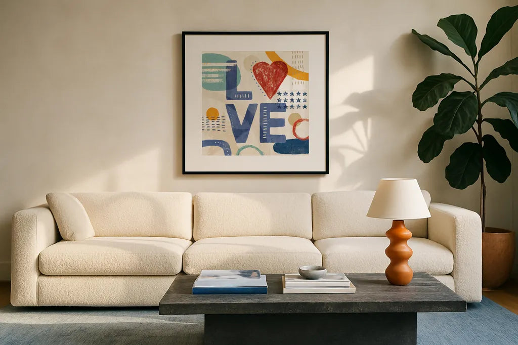 Love and Liberty VI by Veronique Charron. Displayed in a glass frame with matte in a clean modern living room. Available as an archival giclee rolled canvas, fine art paper, or poster print. SKU 72888a.