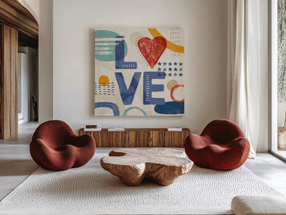 Love and Liberty VI by Veronique Charron. Shown as extra-large giant wall art in a modern living room. Available as an archival giclee rolled canvas, fine art paper, or poster print. SKU 72888a.