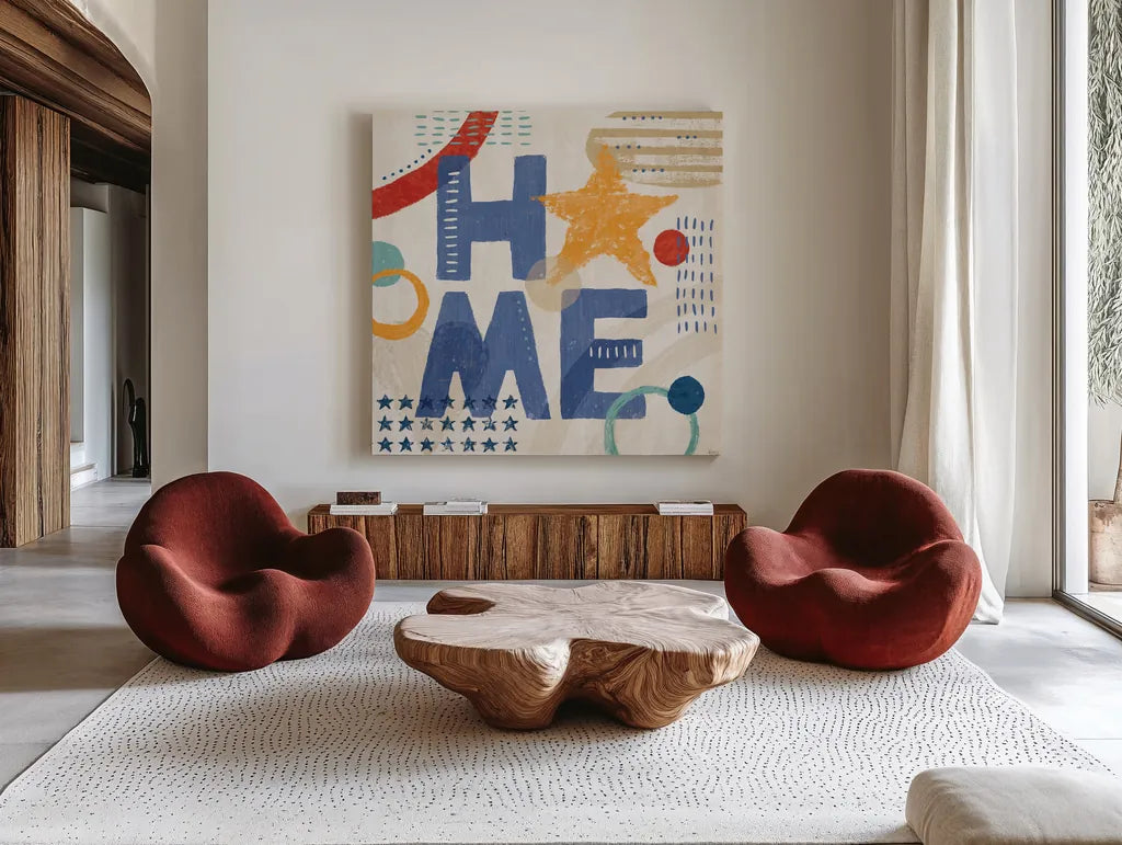 Love and Liberty VII by Veronique Charron. Shown as extra-large giant wall art in a modern living room. Available as an archival giclee rolled canvas, fine art paper, or poster print. SKU 72889a.