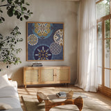 Mediterranean Blue II by Veronique Charron. Shown in a natural wood frame in a cozy modern living room. Available as an archival giclee rolled canvas, fine art paper, or poster print. SKU 17655a.