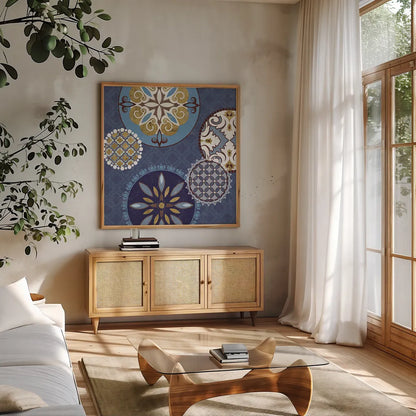 Mediterranean Blue II by Veronique Charron. Shown in a natural wood frame in a cozy modern living room. Available as an archival giclee rolled canvas, fine art paper, or poster print. SKU 17655a.