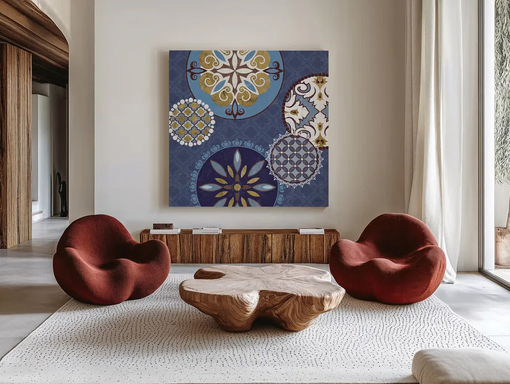 Mediterranean Blue II by Veronique Charron. Shown as extra-large giant wall art in a modern living room. Available as an archival giclee rolled canvas, fine art paper, or poster print. SKU 17655a.
