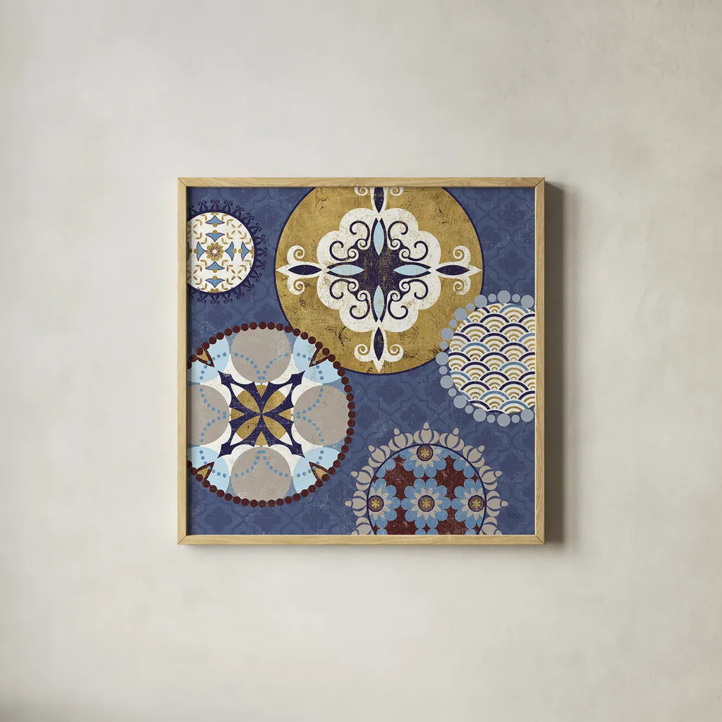 Mediterranean Blue III by Veronique Charron. Shown in a natural wood glass frame for a timeless modern aesthetic. Available as an archival giclee rolled canvas, fine art paper, or poster print. SKU 17656a.