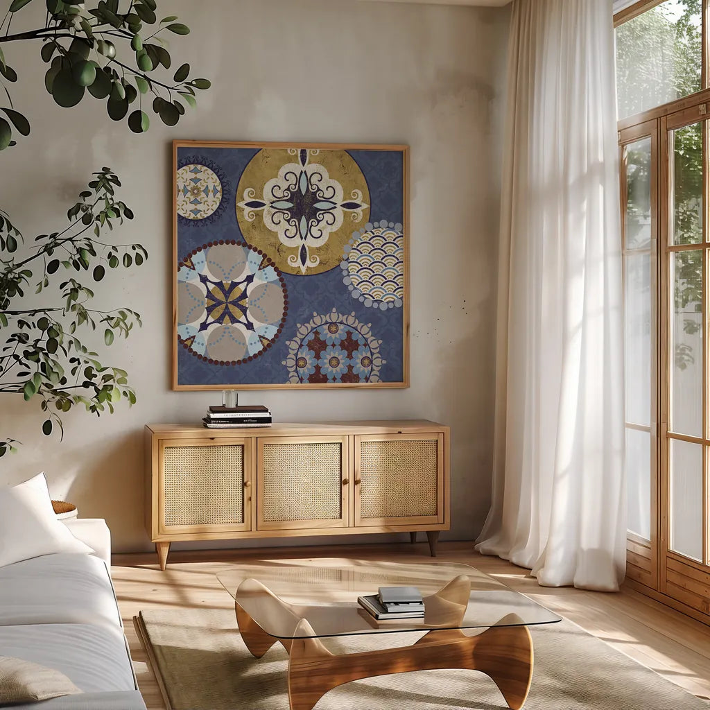 Mediterranean Blue III by Veronique Charron. Shown in a natural wood frame in a cozy modern living room. Available as an archival giclee rolled canvas, fine art paper, or poster print. SKU 17656a.