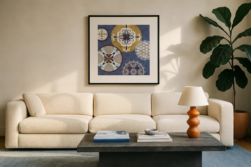 Mediterranean Blue III by Veronique Charron. Displayed in a glass frame with matte in a clean modern living room. Available as an archival giclee rolled canvas, fine art paper, or poster print. SKU 17656a.