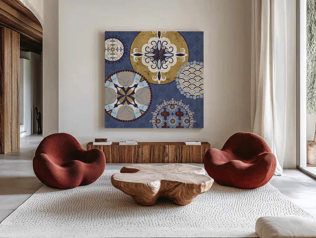 Mediterranean Blue III by Veronique Charron. Shown as extra-large giant wall art in a modern living room. Available as an archival giclee rolled canvas, fine art paper, or poster print. SKU 17656a.