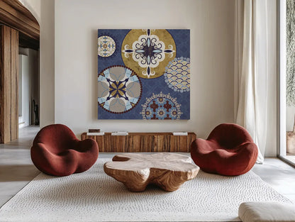 Mediterranean Blue III by Veronique Charron. Shown as extra-large giant wall art in a modern living room. Available as an archival giclee rolled canvas, fine art paper, or poster print. SKU 17656a.