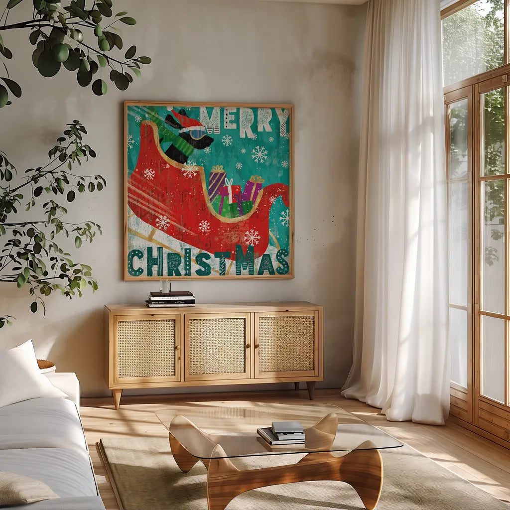 Merry Making III by Veronique Charron. Shown in a natural wood frame in a cozy modern living room. Available as an archival giclee rolled canvas, fine art paper, or poster print. SKU 49156a.