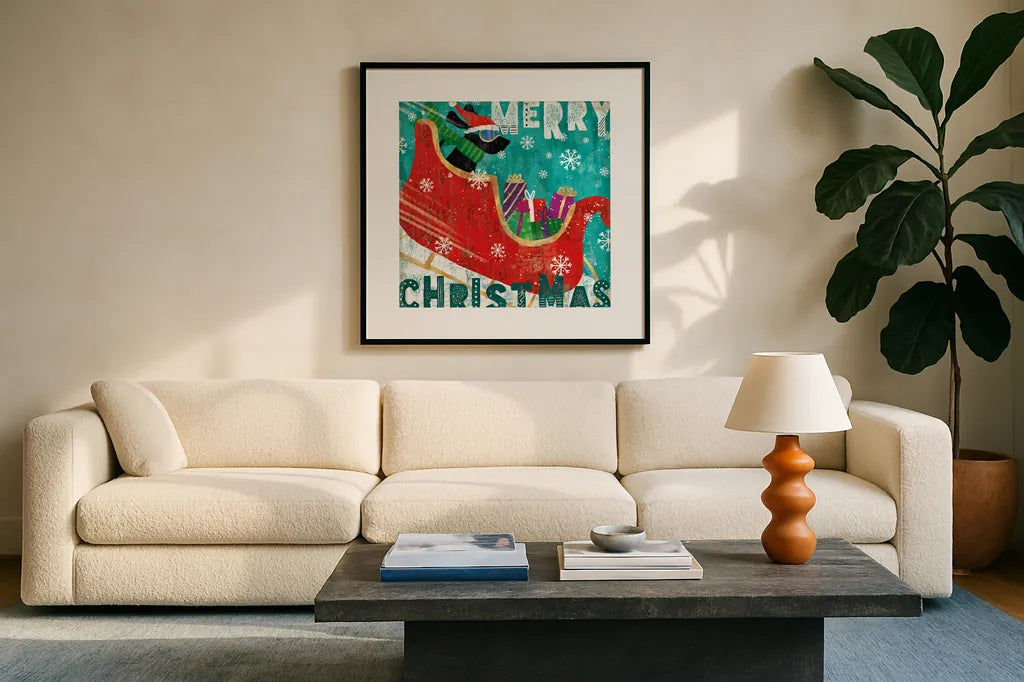 Merry Making III by Veronique Charron. Displayed in a glass frame with matte in a clean modern living room. Available as an archival giclee rolled canvas, fine art paper, or poster print. SKU 49156a.