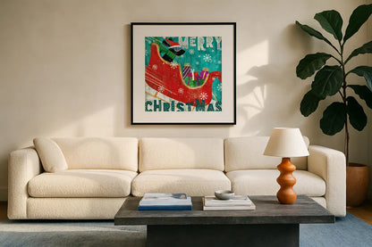Merry Making III by Veronique Charron. Displayed in a glass frame with matte in a clean modern living room. Available as an archival giclee rolled canvas, fine art paper, or poster print. SKU 49156a.