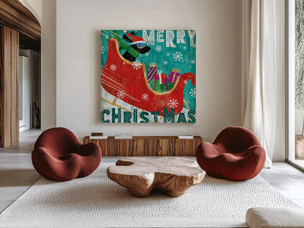 Merry Making III by Veronique Charron. Shown as extra-large giant wall art in a modern living room. Available as an archival giclee rolled canvas, fine art paper, or poster print. SKU 49156a.