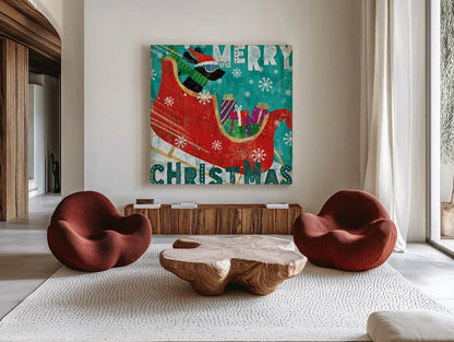 Merry Making III by Veronique Charron. Shown as extra-large giant wall art in a modern living room. Available as an archival giclee rolled canvas, fine art paper, or poster print. SKU 49156a.