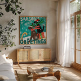Merry Making IV by Veronique Charron. Shown in a natural wood frame in a cozy modern living room. Available as an archival giclee rolled canvas, fine art paper, or poster print. SKU 49157a.