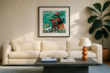 Merry Making IV by Veronique Charron. Displayed in a glass frame with matte in a clean modern living room. Available as an archival giclee rolled canvas, fine art paper, or poster print. SKU 49157a.