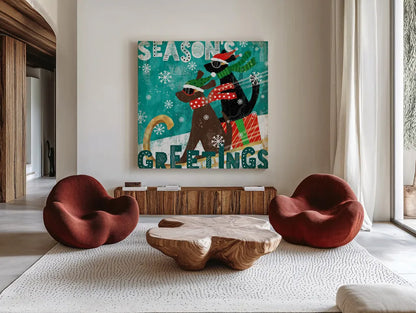 Merry Making IV by Veronique Charron. Shown as extra-large giant wall art in a modern living room. Available as an archival giclee rolled canvas, fine art paper, or poster print. SKU 49157a.