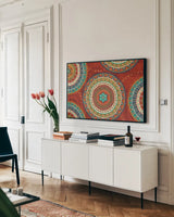 Mexican Fiesta VII by Veronique Charron. shown as a framed stretched canvas in a living room above a console. Available as a archival giclee rolled canvas, fine art paper, or poster print. SKU 24172i.