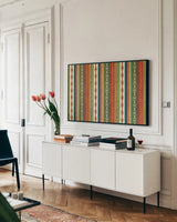 Mexican Fiesta VIII by Veronique Charron. shown as a framed stretched canvas in a living room above a console. Available as a archival giclee rolled canvas, fine art paper, or poster print. SKU 24951i.