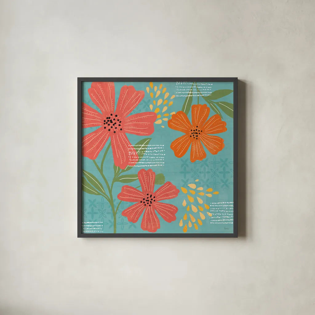 Mod Floral II by Veronique Charron. Shown in a sleek black glass frame for a contemporary gallery look. Available as an archival giclee rolled canvas, fine art paper, or poster print. SKU 75311a.