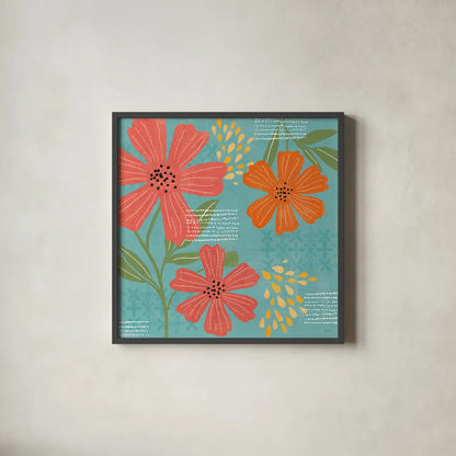 Mod Floral II by Veronique Charron. Shown in a sleek black glass frame for a contemporary gallery look. Available as an archival giclee rolled canvas, fine art paper, or poster print. SKU 75311a.