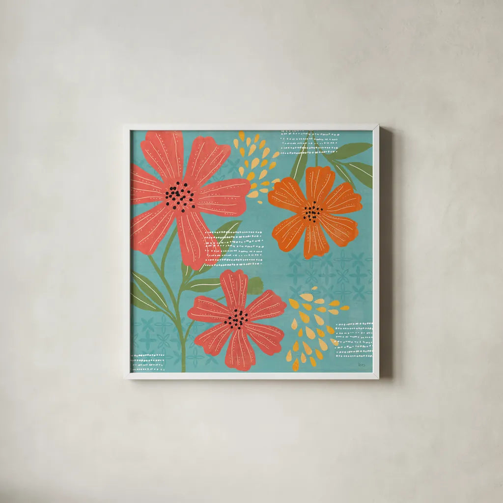Mod Floral II by Veronique Charron. Shown in a crisp white glass frame for a clean and minimalist style. Available as an archival giclee rolled canvas, fine art paper, or poster print. SKU 75311a.