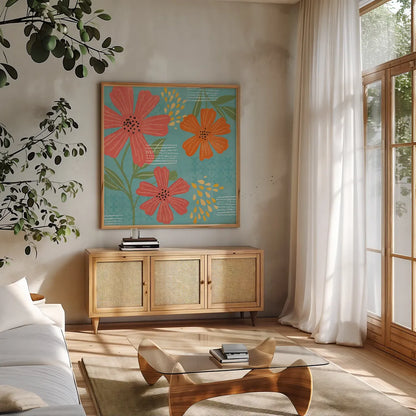 Mod Floral II by Veronique Charron. Shown in a natural wood frame in a cozy modern living room. Available as an archival giclee rolled canvas, fine art paper, or poster print. SKU 75311a.