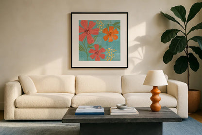 Mod Floral II by Veronique Charron. Displayed in a glass frame with matte in a clean modern living room. Available as an archival giclee rolled canvas, fine art paper, or poster print. SKU 75311a.