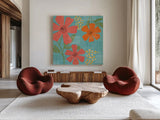 Mod Floral II by Veronique Charron. Shown as extra-large giant wall art in a modern living room. Available as an archival giclee rolled canvas, fine art paper, or poster print. SKU 75311a.