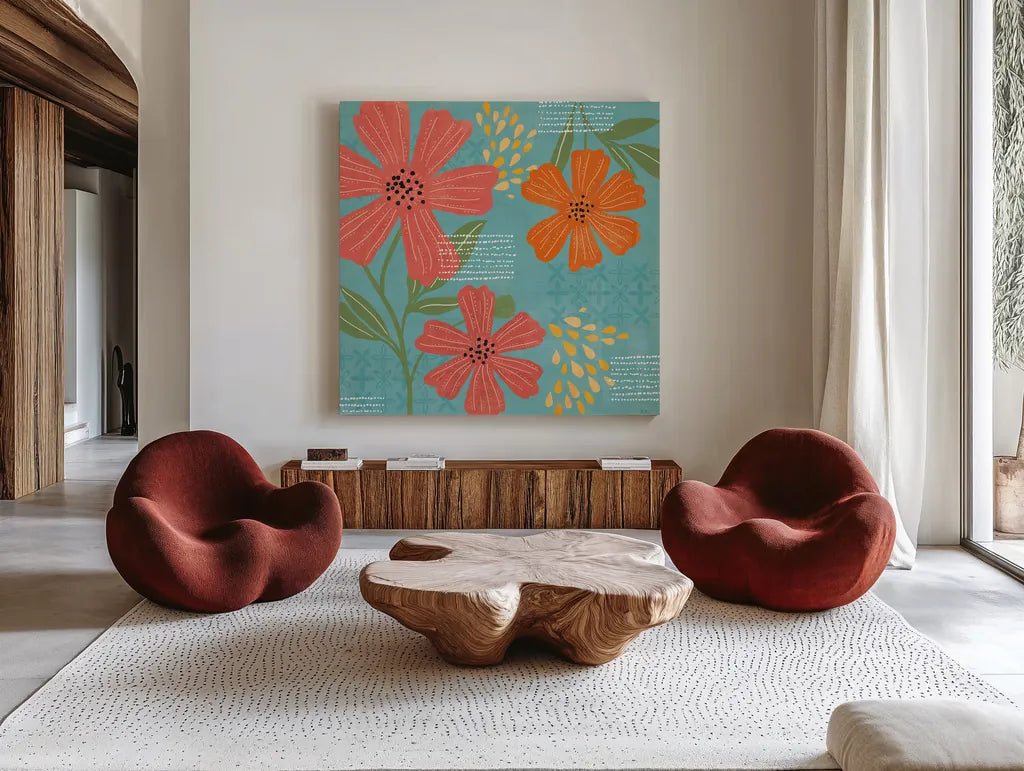 Mod Floral II by Veronique Charron. Shown as extra-large giant wall art in a modern living room. Available as an archival giclee rolled canvas, fine art paper, or poster print. SKU 75311a.
