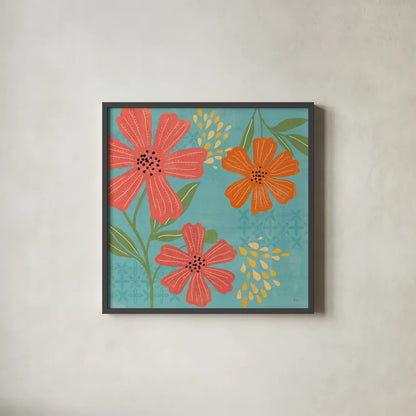 Mod Floral II No Lines by Veronique Charron. Shown in a sleek black glass frame for a contemporary gallery look. Available as an archival giclee rolled canvas, fine art paper, or poster print. SKU 75750a.