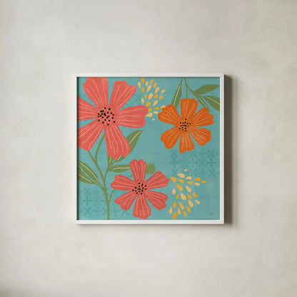 Mod Floral II No Lines by Veronique Charron. Shown in a crisp white glass frame for a clean and minimalist style. Available as an archival giclee rolled canvas, fine art paper, or poster print. SKU 75750a.