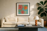 Mod Floral II No Lines by Veronique Charron. Displayed in a glass frame with matte in a clean modern living room. Available as an archival giclee rolled canvas, fine art paper, or poster print. SKU 75750a.