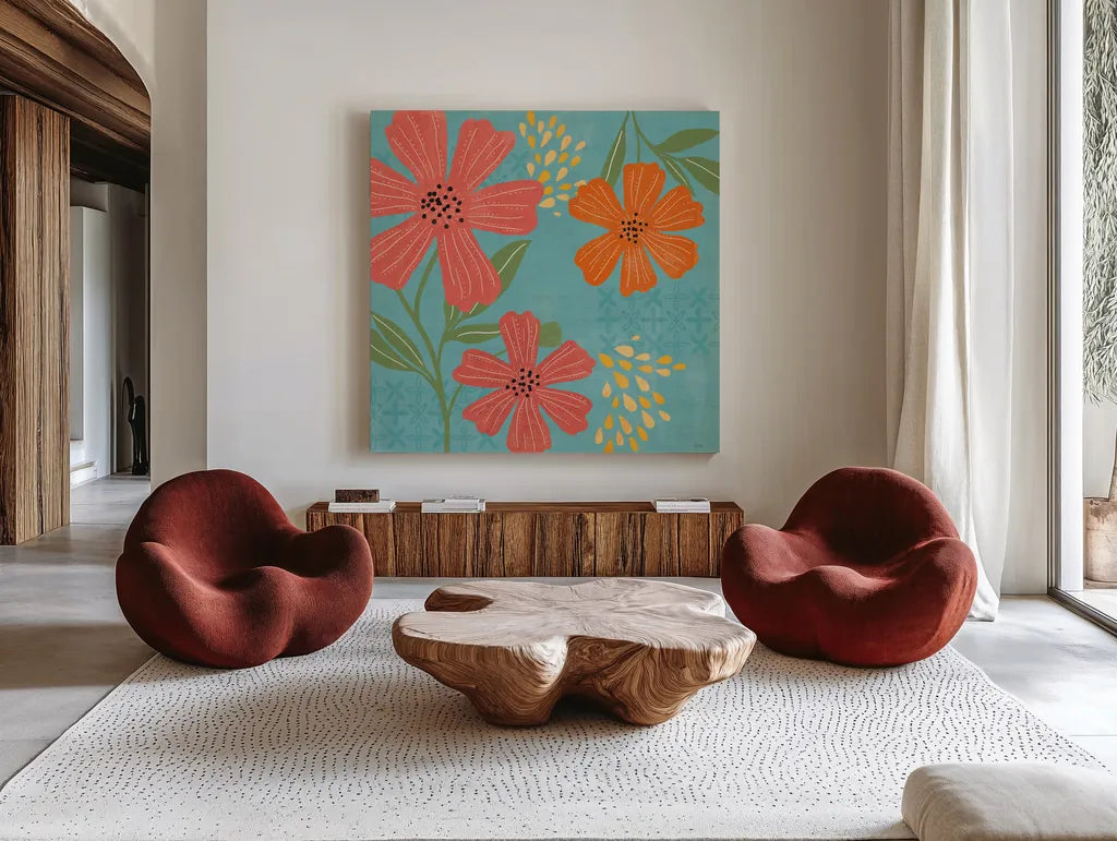 Mod Floral II No Lines by Veronique Charron. Shown as extra-large giant wall art in a modern living room. Available as an archival giclee rolled canvas, fine art paper, or poster print. SKU 75750a.