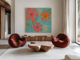 Mod Floral II No Lines by Veronique Charron. Shown as extra-large giant wall art in a modern living room. Available as an archival giclee rolled canvas, fine art paper, or poster print. SKU 75750a.