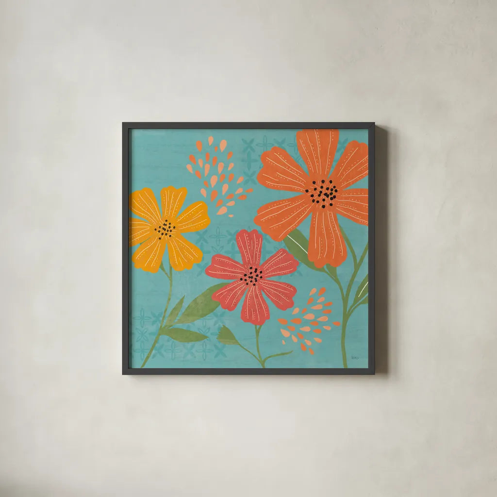 Mod Floral III No Lines by Veronique Charron. Shown in a sleek black glass frame for a contemporary gallery look. Available as an archival giclee rolled canvas, fine art paper, or poster print. SKU 75751a.