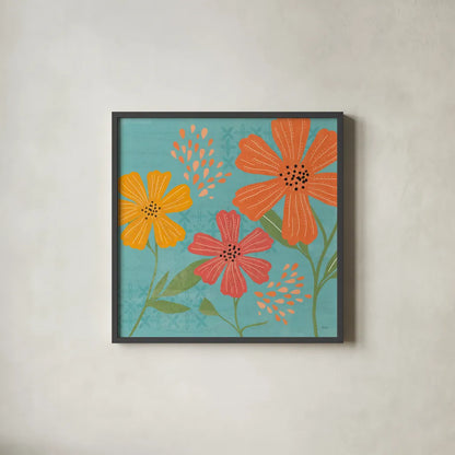 Mod Floral III No Lines by Veronique Charron. Shown in a sleek black glass frame for a contemporary gallery look. Available as an archival giclee rolled canvas, fine art paper, or poster print. SKU 75751a.