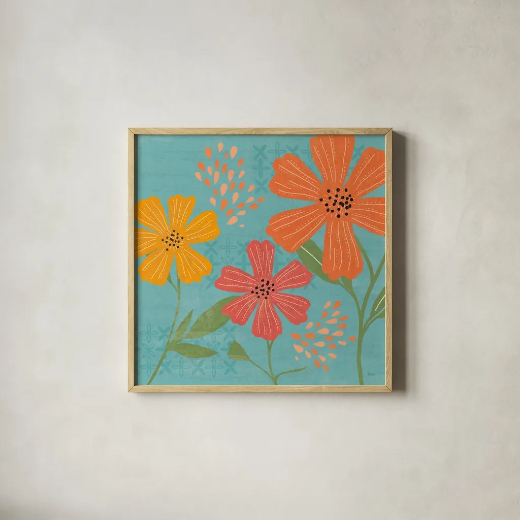 Mod Floral III No Lines by Veronique Charron. Shown in a natural wood glass frame for a timeless modern aesthetic. Available as an archival giclee rolled canvas, fine art paper, or poster print. SKU 75751a.