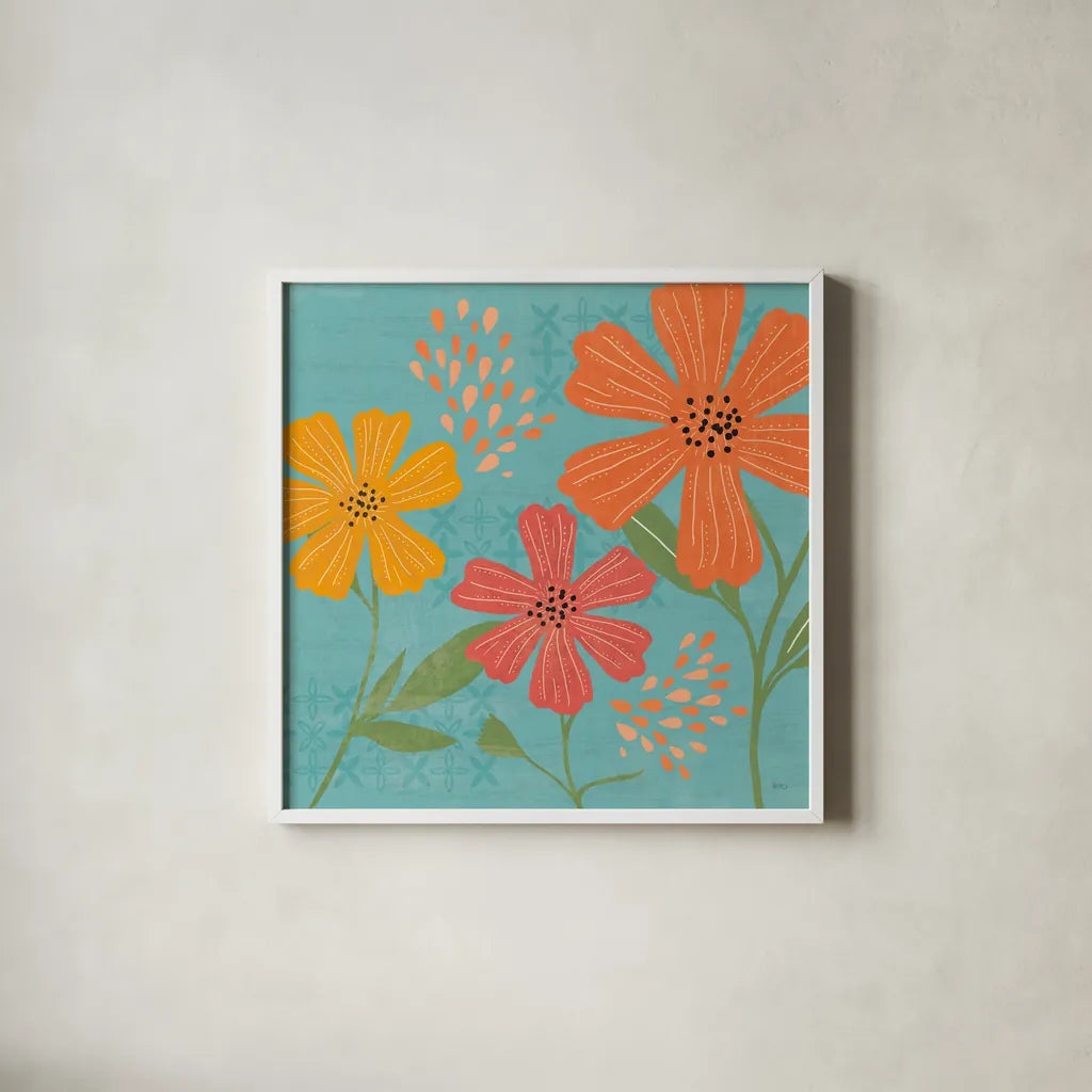Mod Floral III No Lines by Veronique Charron. Shown in a crisp white glass frame for a clean and minimalist style. Available as an archival giclee rolled canvas, fine art paper, or poster print. SKU 75751a.