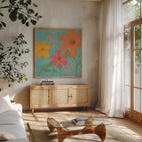 Mod Floral III No Lines by Veronique Charron. Shown in a natural wood frame in a cozy modern living room. Available as an archival giclee rolled canvas, fine art paper, or poster print. SKU 75751a.