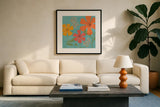 Mod Floral III No Lines by Veronique Charron. Displayed in a glass frame with matte in a clean modern living room. Available as an archival giclee rolled canvas, fine art paper, or poster print. SKU 75751a.