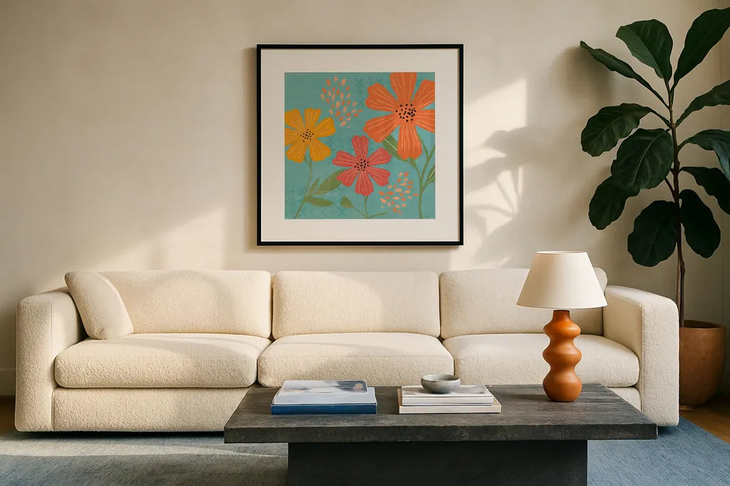Mod Floral III No Lines by Veronique Charron. Displayed in a glass frame with matte in a clean modern living room. Available as an archival giclee rolled canvas, fine art paper, or poster print. SKU 75751a.