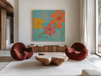 Mod Floral III No Lines by Veronique Charron. Shown as extra-large giant wall art in a modern living room. Available as an archival giclee rolled canvas, fine art paper, or poster print. SKU 75751a.