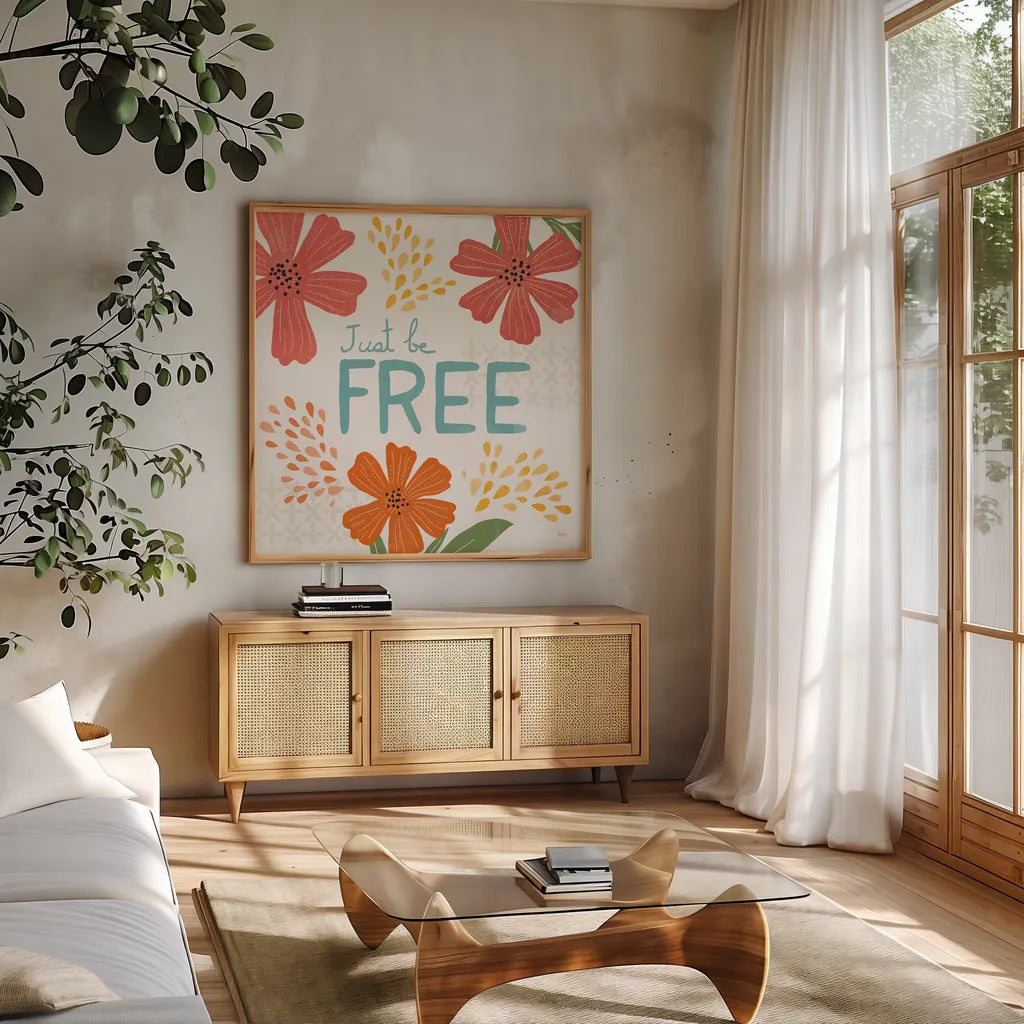 Mod Floral IV No Lines by Veronique Charron. Shown in a natural wood frame in a cozy modern living room. Available as an archival giclee rolled canvas, fine art paper, or poster print. SKU 75752a.