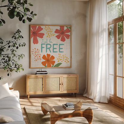 Mod Floral IV No Lines by Veronique Charron. Shown in a natural wood frame in a cozy modern living room. Available as an archival giclee rolled canvas, fine art paper, or poster print. SKU 75752a.