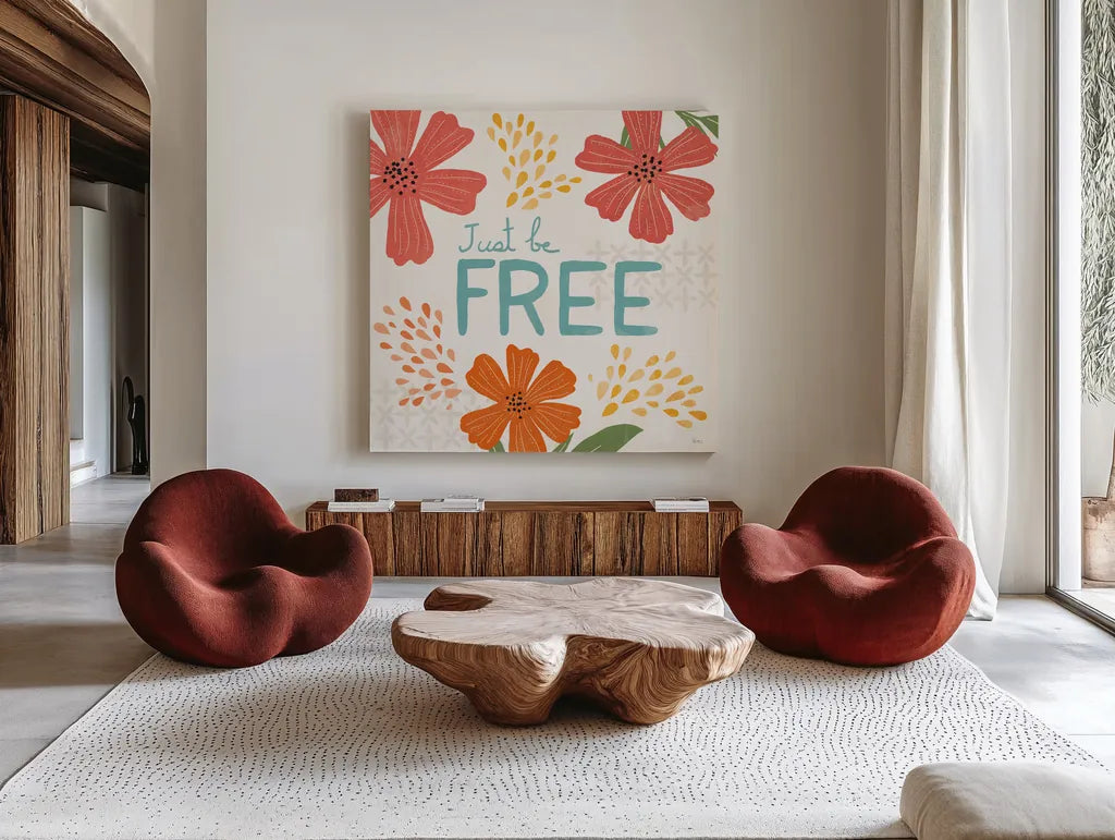 Mod Floral IV No Lines by Veronique Charron. Shown as extra-large giant wall art in a modern living room. Available as an archival giclee rolled canvas, fine art paper, or poster print. SKU 75752a.