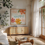 Mod Floral V by Veronique Charron. Shown in a natural wood frame in a cozy modern living room. Available as an archival giclee rolled canvas, fine art paper, or poster print. SKU 75314a.